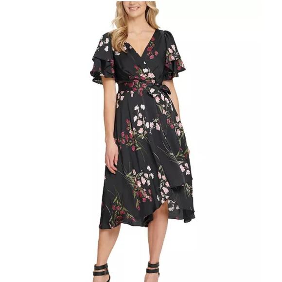 DKNY Size 6 Floral Faux Wrap Dress Belted Asymmetric Ruffle Hem NWT - Picture 1 of 10